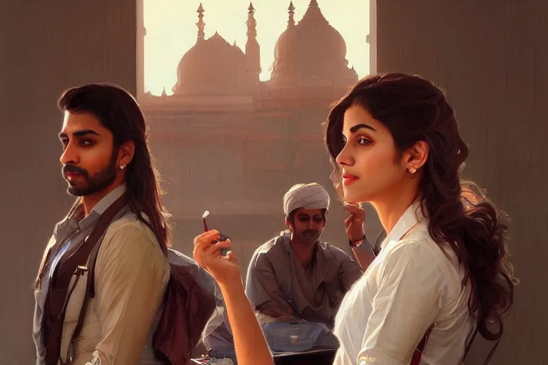 Image similar to Anxious good looking pale young Indian doctors wearing American clothes at the airport, portrait, elegant, intricate, digital painting, artstation, concept art, smooth, sharp focus, illustration, art by artgerm and greg rutkowski and alphonse mucha