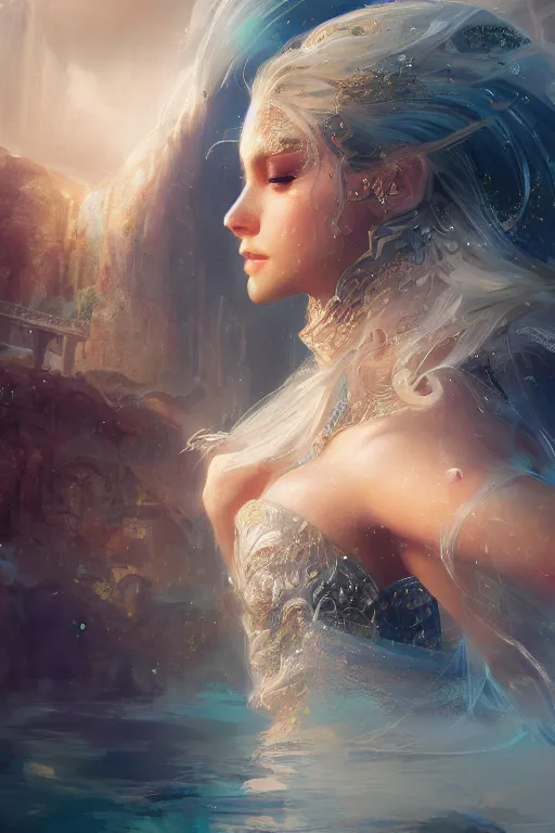 Image similar to Atlantis princess, gorgeous, close-up portrait, intricate, elegant, volumetric lighting, scenery, digital painting, highly detailed, artstation, sharp focus, illustration, concept art, ruan jia, steve mccurry