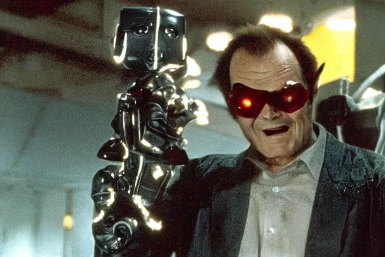 Image similar to Jack Nicholson in costume of Pikachu Terminator scene where his endoskeleton gets exposed and his eye glow red still from the film