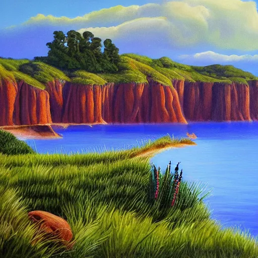 Prompt: painting of a lush natural scene on an alien planet by april gornik. beautiful landscape. weird vegetation. cliffs and water.