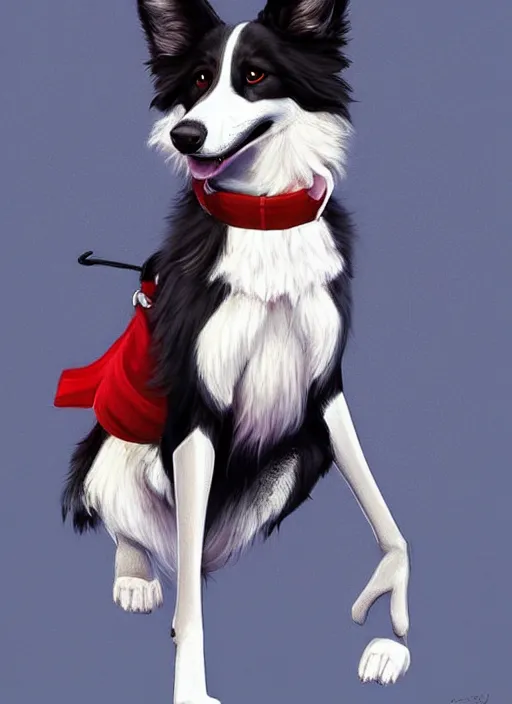 Image similar to full body digital painting of a cute male anthropomorphic border collie fursona wearing a red collar and standing outside, furaffinity, intricate, elegant, beautiful, realistic proportions, highly detailed, trending on artstation, art by charlie bowater and henry asencio and and ross tran