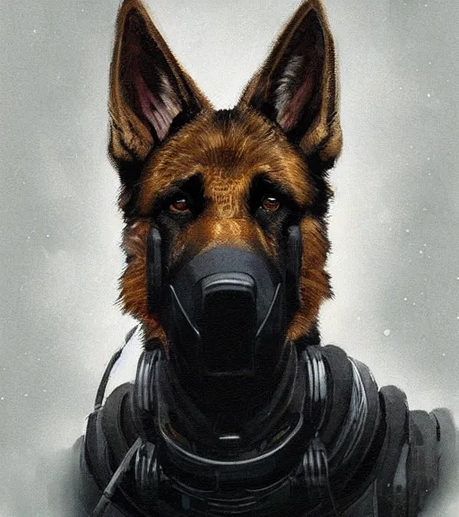 Image similar to new york city portrait of furry anthro anthropomorphic german shepard head animal person fursona wearing clothes strange cybernetic muzzle gloomy rainy cyberpunk 2077 digital art by Greg Rutkowski, Simon Stalenhag, christopher nolan trending on Artstation, CGSociety