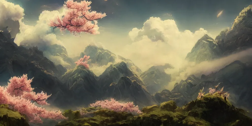 Prompt: a beautiful painting of peach blossoms on the clouds, brilliant peaks, dense fog, early morning, by by yoneyama mai, trending on artstation, clouds, by wayne barlowe, peter mohrbacher, kelly mckernan, epic scene, 4 k, dark fantasy, environment, unreal engine 5, detailed