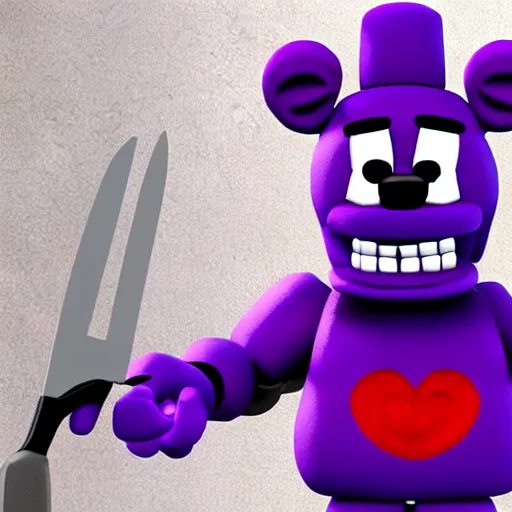 Prompt: purple guy five nights at freddy 4k lots of ketchup weapon knife purple guy man