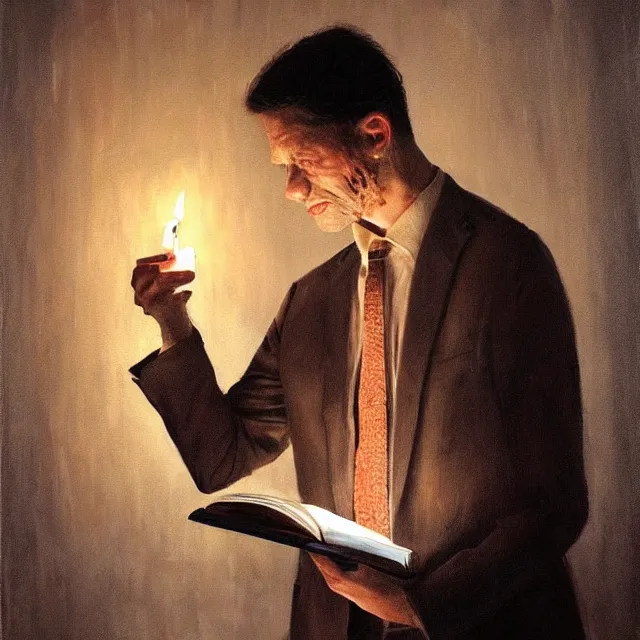 Prompt: ultra - realistic horrifying painting of a terrified man in a suit reading a dead sea scroll by candlelight, by dave dorman, paul carrick, dark, brooding, volume lighting, atmospheric lighting, painted, intricate, ultra detailed, well composed, best on artstation, cgsociety, epic, stunning, gorgeous, intricate detail, wow, masterpiece