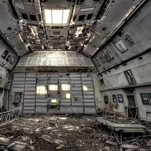Prompt: Beautiful depiction of a abandoned and derelict space station A single light enlighten the scene.