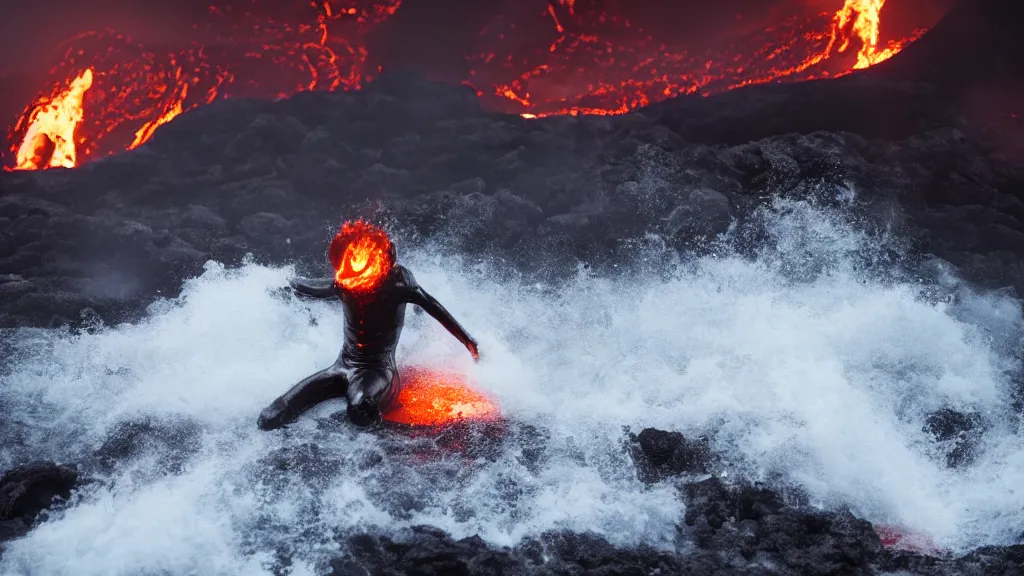 Image similar to person in armor surfing down a river of lava on the side of a volcano on surfboard, action shot, dystopian, thick black smoke and fire, motion blur, sharp focus, cinematic, closeup