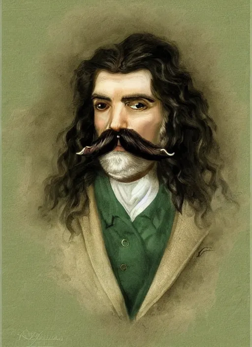 Image similar to an old baron d'arignac, long hair, wear an elegant mustach, white scarf, green shirt, by artgem, digital art, highly detailled