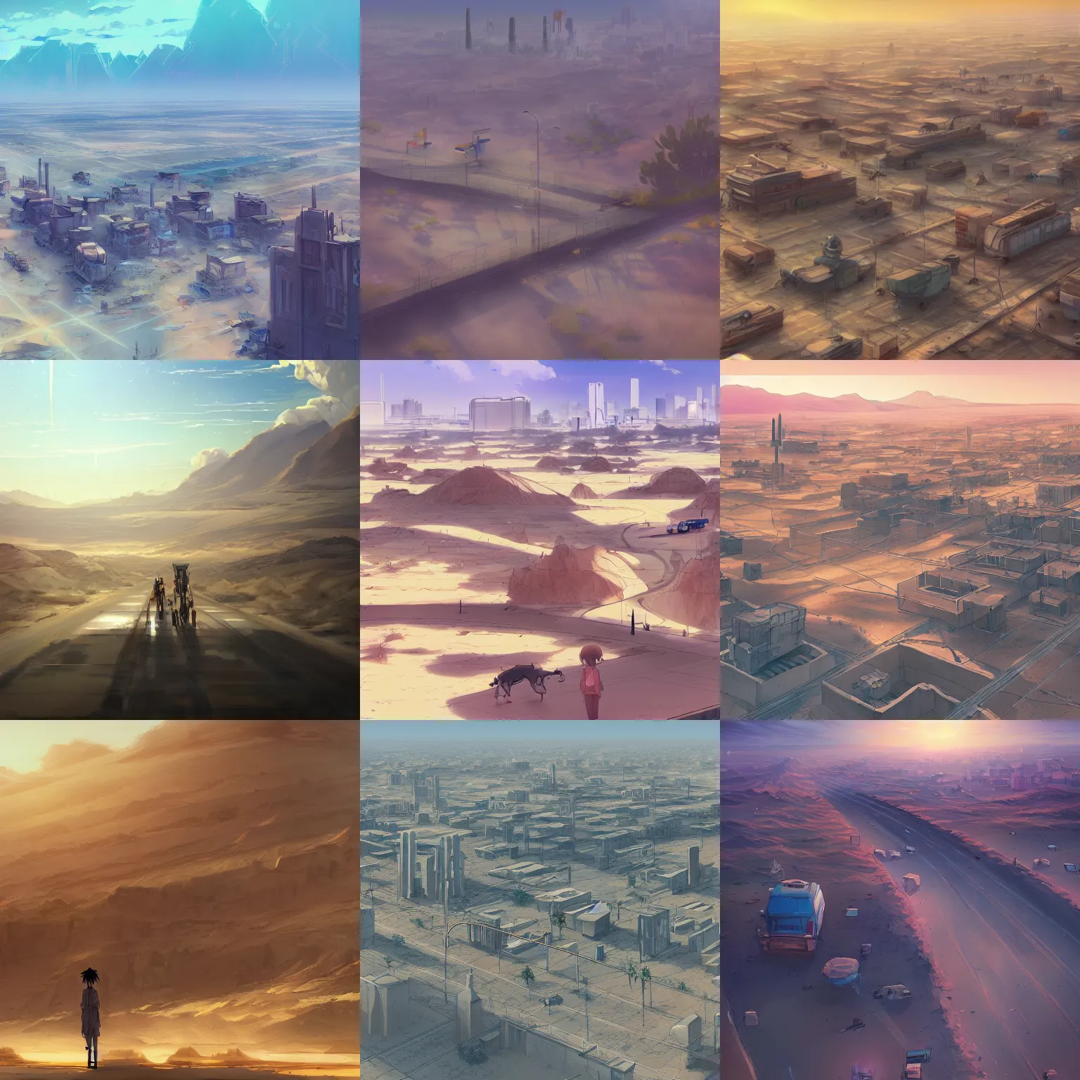 Prompt: a whole mobile city moving in the desert, desert landscape, Makoto Shinkai, anime, trending on ArtStation, digital art