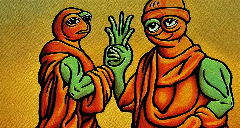 Image similar to pepe worship, ancient, history, painting