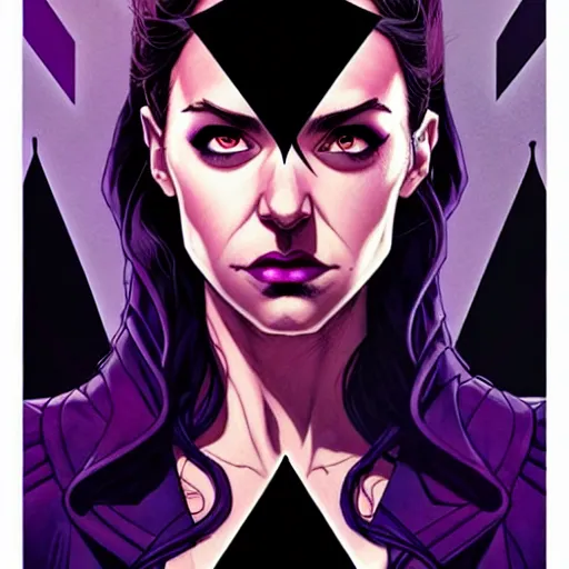 Image similar to rafael albuquerque comic cover art, artgerm, joshua middleton, pretty stella maeve witch doing black magic, serious look, purple dress, symmetrical eyes, symmetrical face, long black hair, twisted evil dark forest in the background, cool colors