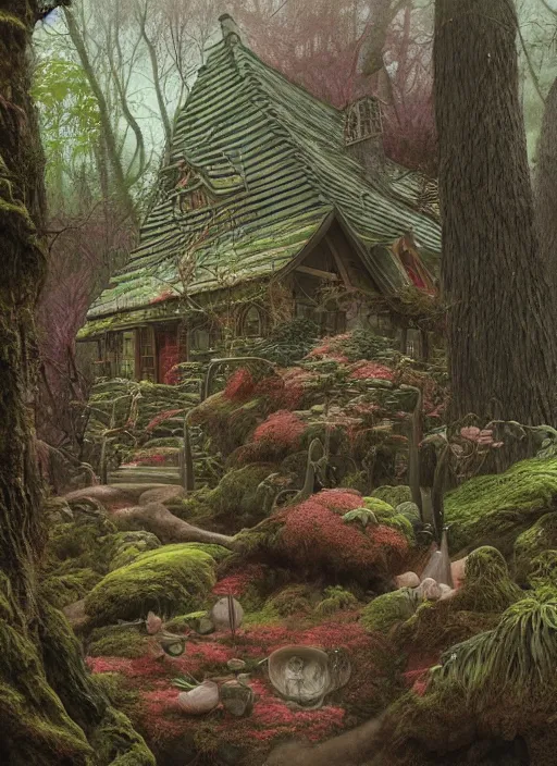 Image similar to hyper realistic witch cottage japanese shrine in the woods gorgeous lighting, highly detailed, lush forest painting by zdzisław beksinski and norman rockwell and greg rutkowskiweta studio, and lucasfilm