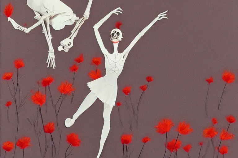 Prompt: ballet dancers crows, train far, day od the dead, eye - flowers, blooming hills with spring flowers, trees make from bones, red liquid splashes, monsters, and pillars by helen lundeberg