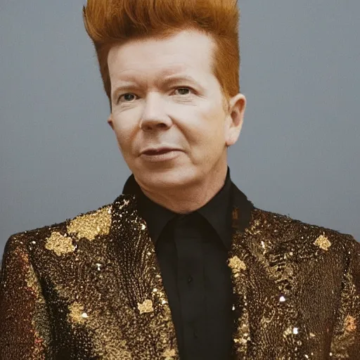 Prompt: a portrait of rick astley with background scenery by juergen teller, iris van herpen