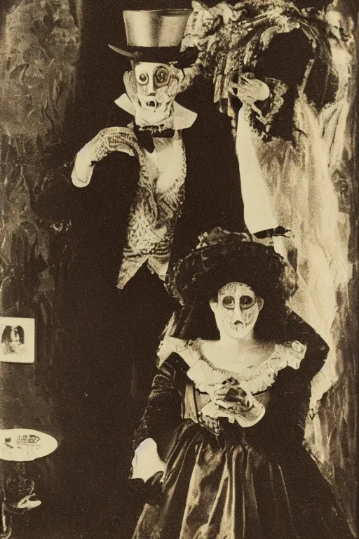 Image similar to a portrait photo of two persons dressed for the carnival of Venice, creepy, edvard munch, wide angle