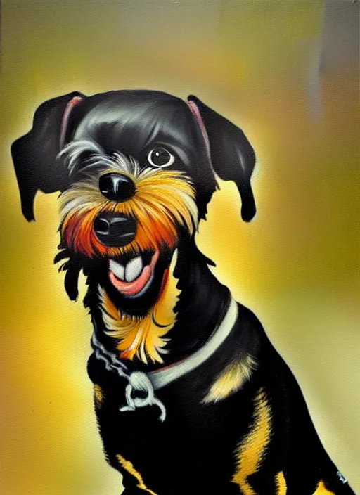 Image similar to tan!!! schnauzer! chihuahua! mix, enraged, painting by phil hale, 'action lines'!!!, graphic style, visible brushstrokes, motion blur, blurry