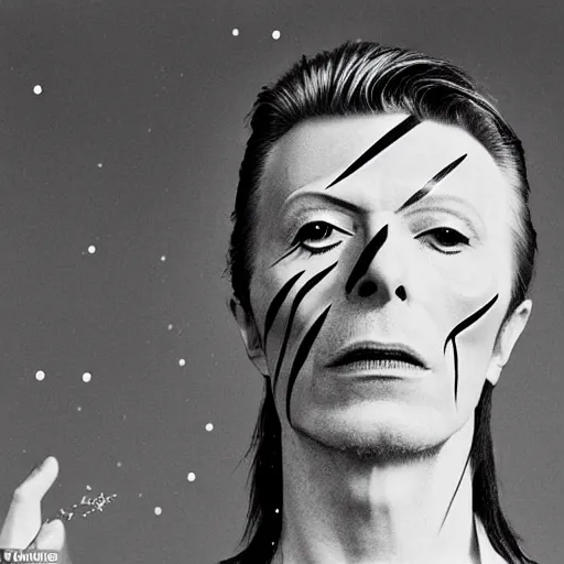 Image similar to cosmic daoist david bowie with whole face yin - yang symbol painted on face, singing into microphone and comets sparkling nearby