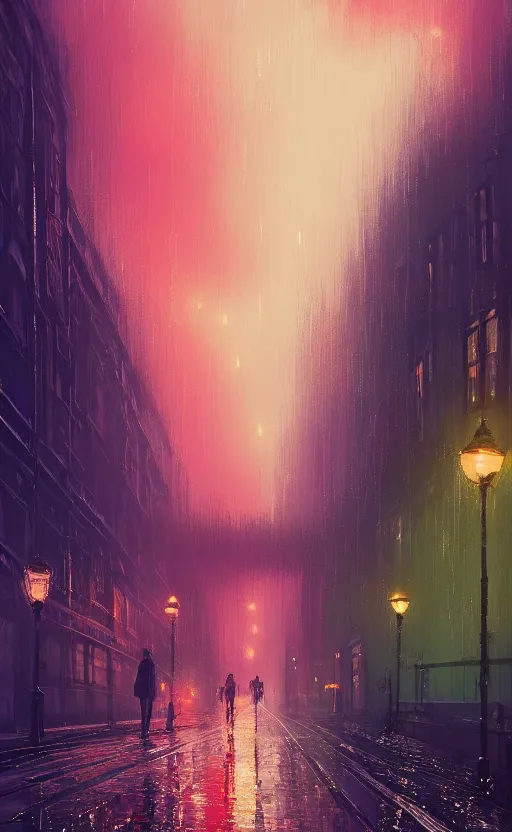 Image similar to a beautiful illustration of rainy victorian london at sunset, art of alena aenami, featured on artstation, vertical orientation, paint brush strokes, expressionism, brushstroke - laden, breathtaking clouds, traffic lights, wet concrete, beauttiful stars, cables, long exposure, gigantic sun, airy theme, red purple gradient, lens flare