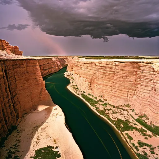 Image similar to photo of green river, wyoming cliffs during thunderstorm. the foreground and river are brightly lit by sun, and the background clouds are dark and foreboding. kodak portra 4 0 0,