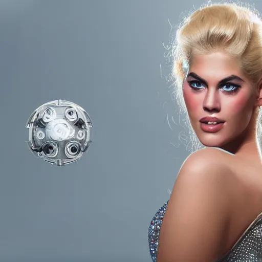 Image similar to beautiful centered Fine art photo portrait of young Anna Nicole Smith as a solarpunk robotic humanoid, aluminum mechanical parts with led lights, in an infinite pool photorealistic, white background, highly detailed and intricate, outdoor lighting, HDR 8k