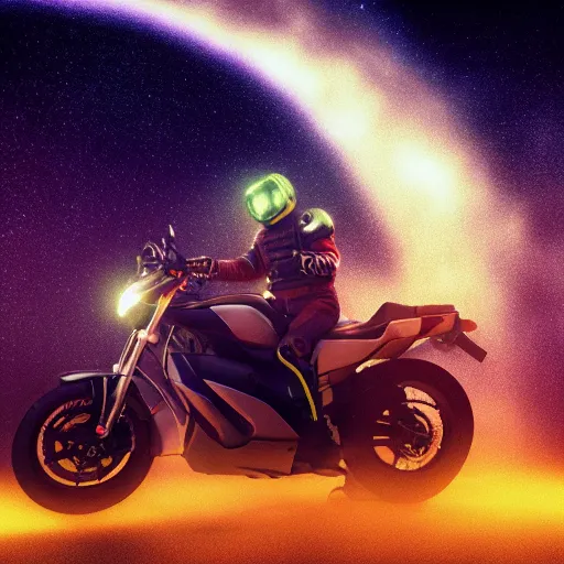 Image similar to a motorcycle floating in space inside magic colorful glowing fog, tilted camera, starry sky, tranquil, desolate, atmospheric, hazy, autochrome, 8k, octane render, unreal engine 5