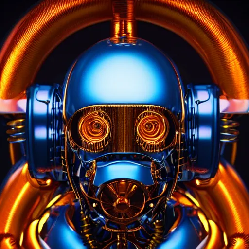 Prompt: portrait photo of a golden and blue glossy metallic futuristic steampunk robot head with mulitcolored gears and tubes and cables, crisp, fluorescent colors, insanely detailed, 3 d render, unreal engine