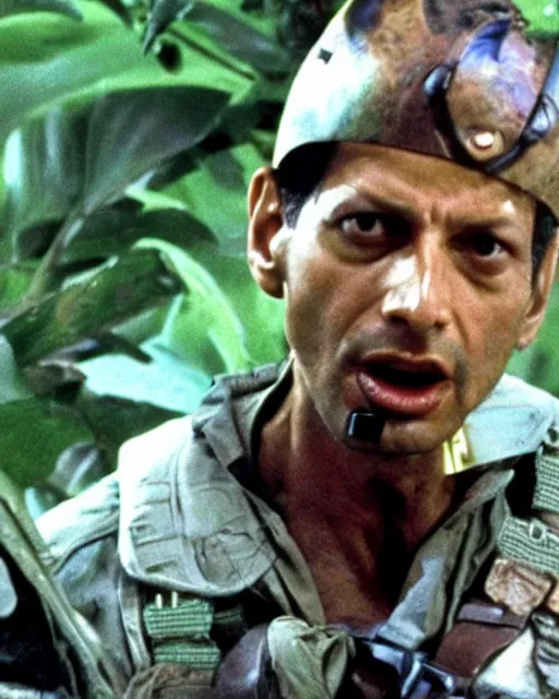 Prompt: Jeff Goldblum as Major Alan Dutch Schaefer in Predator, 1987, movie still
