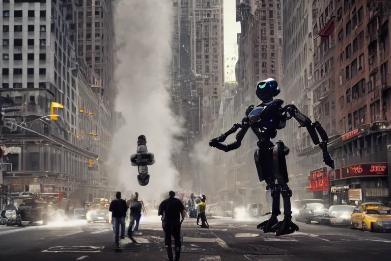 Prompt: VFX movie of a flying dark futuristic robot hero with 6 arms levitating on New York street, steam vent, by Emmanuel Lubezki