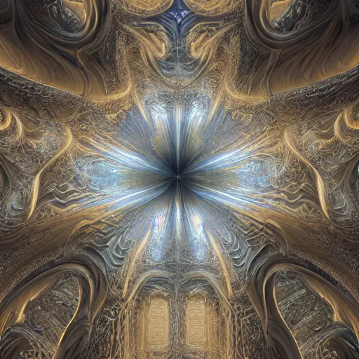 Prompt: a hyperrealistic 3 d painting of a huge sprawling fractal cathedral interior populated by mandelbrot fractals by android jones, unreal engine, carved stone, carved soap, white color scheme, volumetric lighting, octane render, dramatic lighting, glowing, carved marble, opalescent, sacred geometry, religious, angelic, catholicpunk, stark, 8 k, ultra detailed