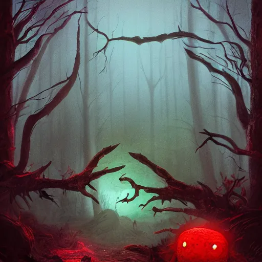 Image similar to giant evil monsterous slimy toad in the dark forest, glowing red eyes, slimy toads, dark night, midnight, foggy, atmospheric, highly detailed, hyperrealistic, gothic horror, trending on artstation, digital art, dark fantasy