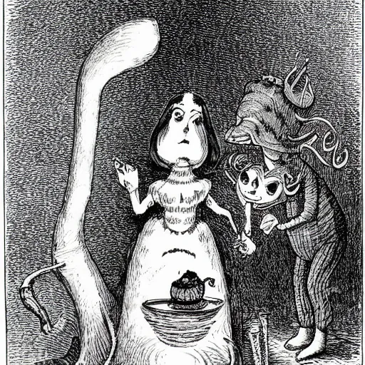 Image similar to A hookah smoking caterpillar, Alice In Wonderland, Absolem, Lewis Carol. by John Tenniel ::