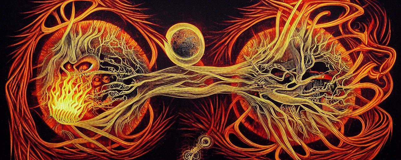 Image similar to a strange fire creature with endearing eyes radiates a unique canto'as above so below'while being ignited by the spirit of haeckel and robert fludd, breakthrough is iminent, glory be to the magic within, in honor of saturn, painted by ronny khalil