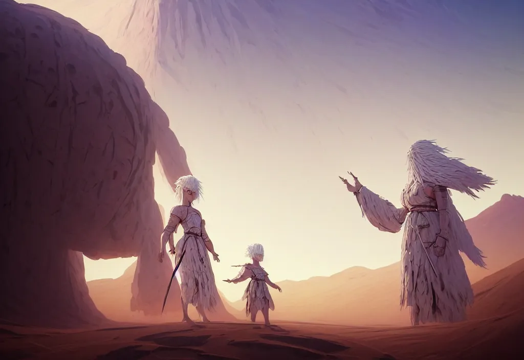 Prompt: close up picture of a cute white hair robe girl and three big giants knight colosuss, crossing the desert, beautiful and aesthetic, highly detailed face, intricate, smooth, sharp focus, trending on artstation, art by ilya kuvshinov and anato finnstark and rembrandt and quentin mabille and greg rutkowski, fantasy illustration, epic scene, graphic novel