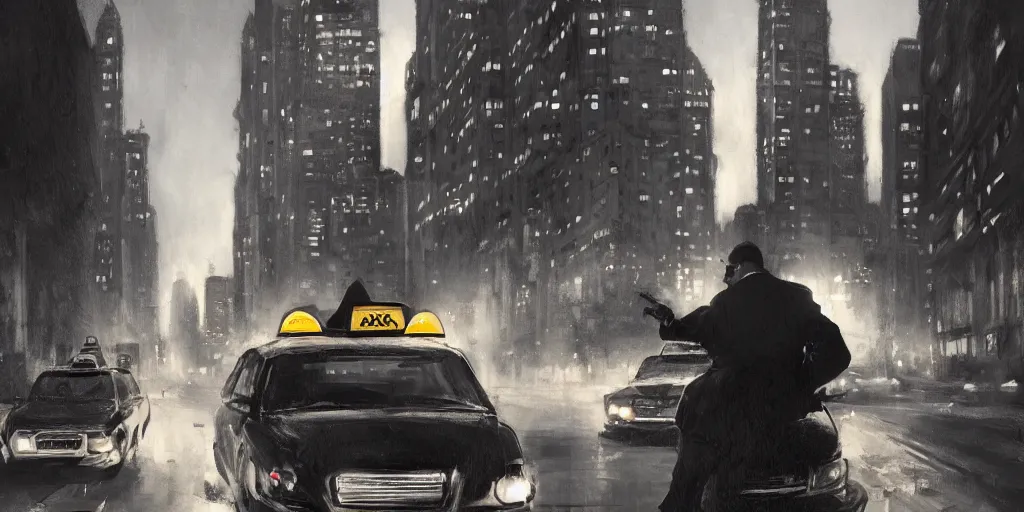 Image similar to taxi through the streets of chicago, night time, dramatic lighting, german expresionism, noir film, character sheet, fine details, concept design, high contrast, anthrophomorfic animals, kim jung gi, greg rutkowski, trending on artstation, 8 k, full body, turnaround, front view, back view, ultra wide angle