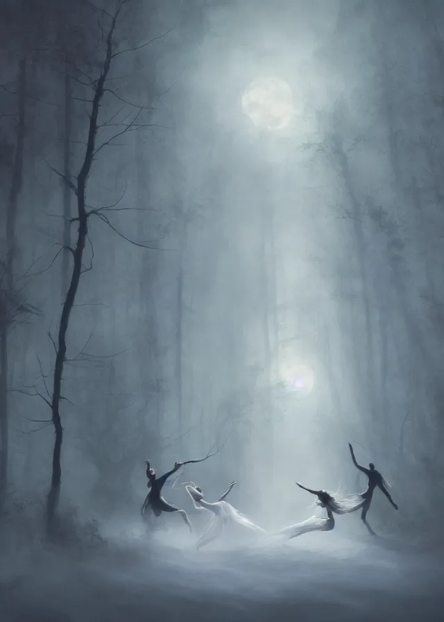 Image similar to dancers in white lit only by the moon, contemporary dance in the forbidden forest, the twilight dance of the fae by aleksi briclot, greg rutkowski and ivan aivazovsky, contemporary dance, volumetric, raining, atmospheric, artstation, fantasy, watercolor surrealist abstract