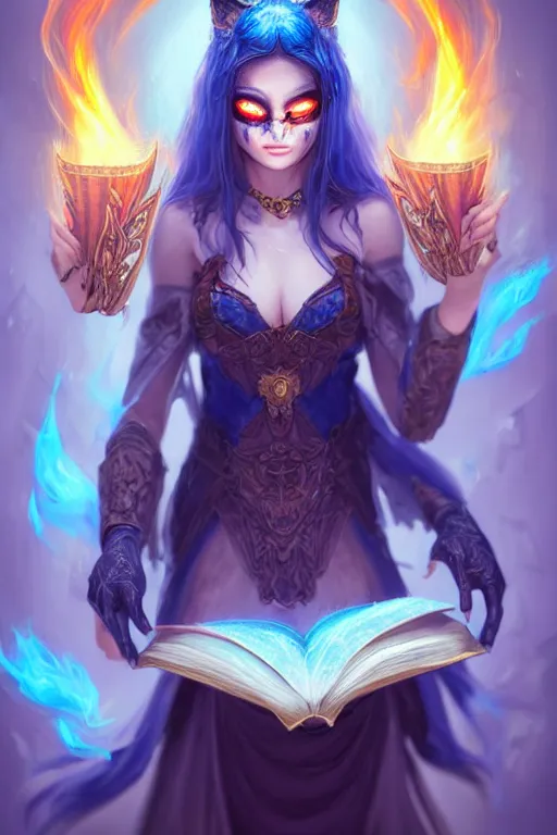 Prompt: gorgeous!!! hyper - realstic sorceress with a kitsune mask, holding a tattered magical book, casting a flame spell, blue flames | drawn by wlop, drawn by jeehyung lee, drawn by artgerm | fantasy, dark, intricate, highly detailed, digital painting, character design, concept art, illustration, artstation