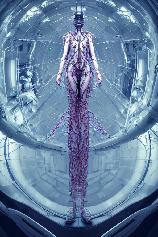 Prompt: background space station, baroque inflateble dress iris van herpen positing on floor, perfect symmetrical, full body shot, white helmet on face, inflateble shapes, wires, tubes, veins, jellyfish, white biomechanical details, wearing epic bionic implants, masterpiece, intricate, biopunk, vogue, highly detailed, artstation, concept art