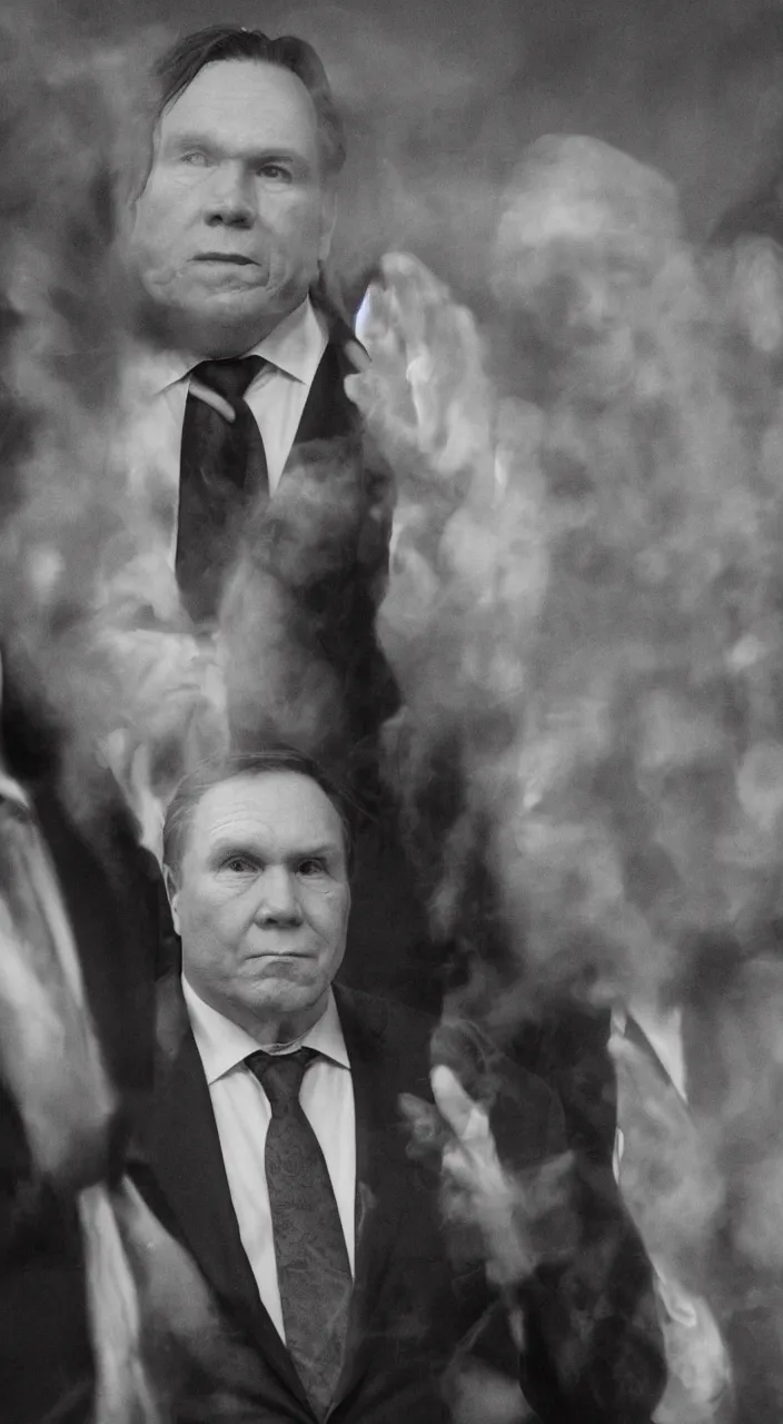 Image similar to francois legault in a suit, black metal album cover