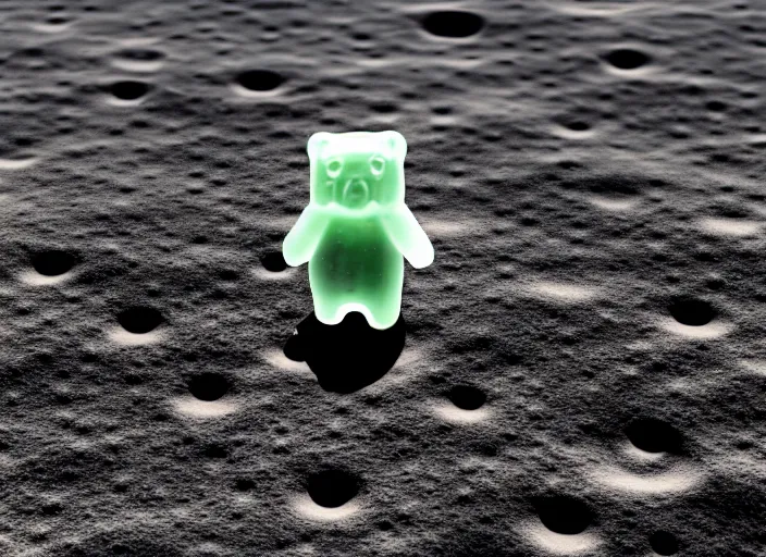 Image similar to a gummy bear walking on the moon staring back at a tiny earth, photorealistic, over the shoulder perspective, we can see earth far out in the distance