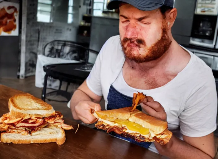 Image similar to Detrans man eating a chicken and bacon sandwich