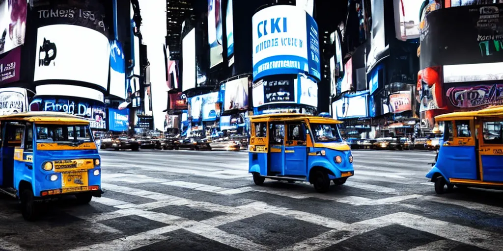 Image similar to a blue and white tuk tuk in Times Square at night, very hazy, cloudy, diffused lighting, moody, dark purple tones, shallow depth of field, 4k