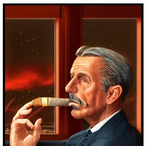 Image similar to Mr. House, realistic, highly detailed face, looks at the nuclear explosion, from the window of the Lucky 38 Casino, man smokes a cigar, ! holding in his Hand !, arm, cigarette advertising, hyperdetailed, artstation trending, ultra HD, artstation, photorealism, ultrarealistic, retro, 45mm, elegant,