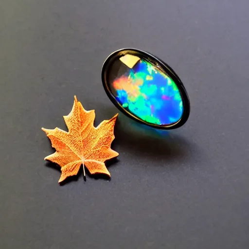 Image similar to maple leaf resting!!!!! on a colorful opal crystal, 4 k, 3 5 mm!!!!! lens