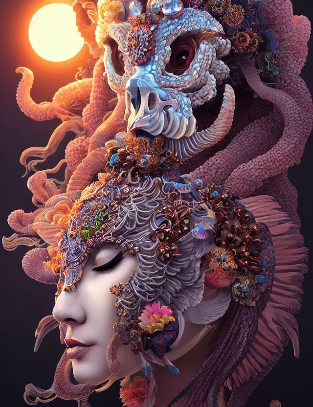 Image similar to 3 d goddess close - up profile portrait russian with ram skull. beautiful intricately detailed japanese crow kitsune mask and clasical japanese kimono. betta fish, jellyfish phoenix, bio luminescent, plasma, ice, water, wind, creature, artwork by tooth wu and wlop and beeple and greg rutkowski