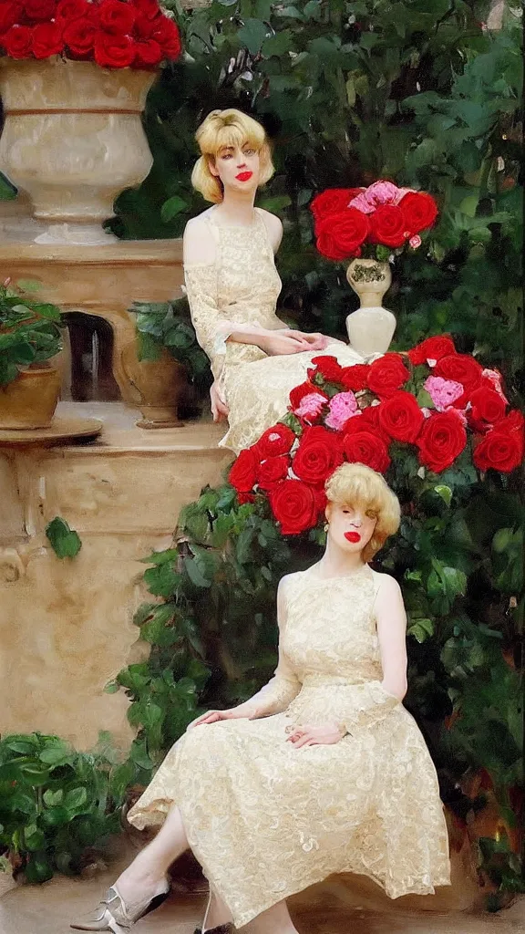 Image similar to beautiful young julee cruise in detailed golden sleeve balloon lace dress beside a pot of red roses set near a persian pot by john singer sargent