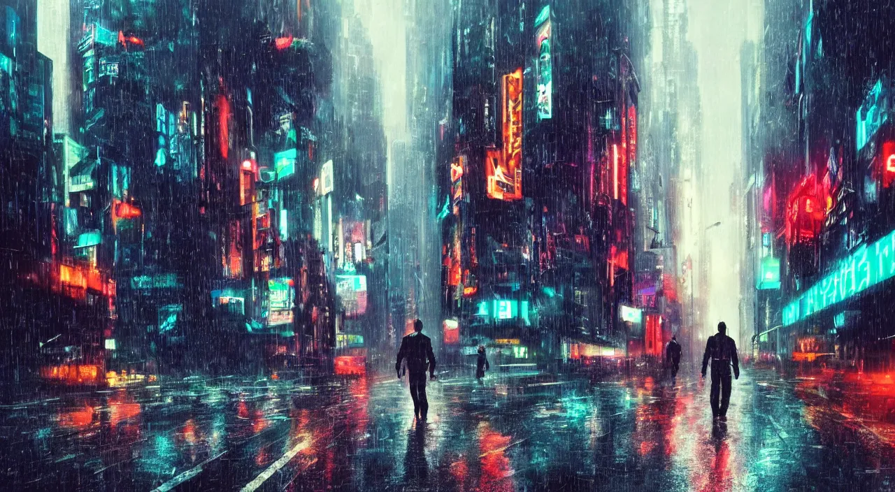 Prompt: A cyberpunk city in the rain, a man walking down the street, Blade Runner, 80s sci fi, Retro Futurism Art