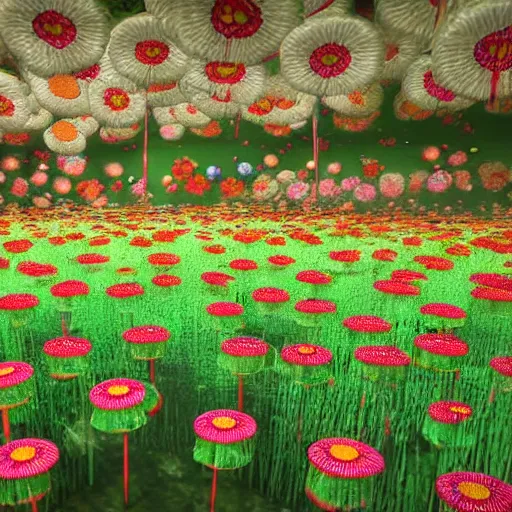 Image similar to Floral psychedelic apocalypse caused by the crashing of the Murakami flower meteor in the peaceful village of mushrooms, unreal engine 5 render, art by Takashi Murakami, Meteor made out of Murakami flowers, tiny mushroom village