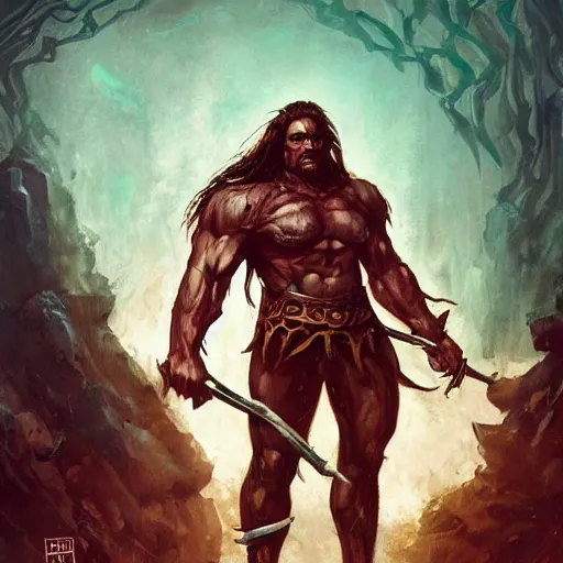 Image similar to a realistic full body portrait of Zaug, Slayer of hope, a combination of a beefy conan the barbarian and a warlock with a kind heart, in the background is a normal suburban backyard by Anato Finnstark, Jordan Grimmer, Ross Tran, and Vincent Di Fate Nausicaa
