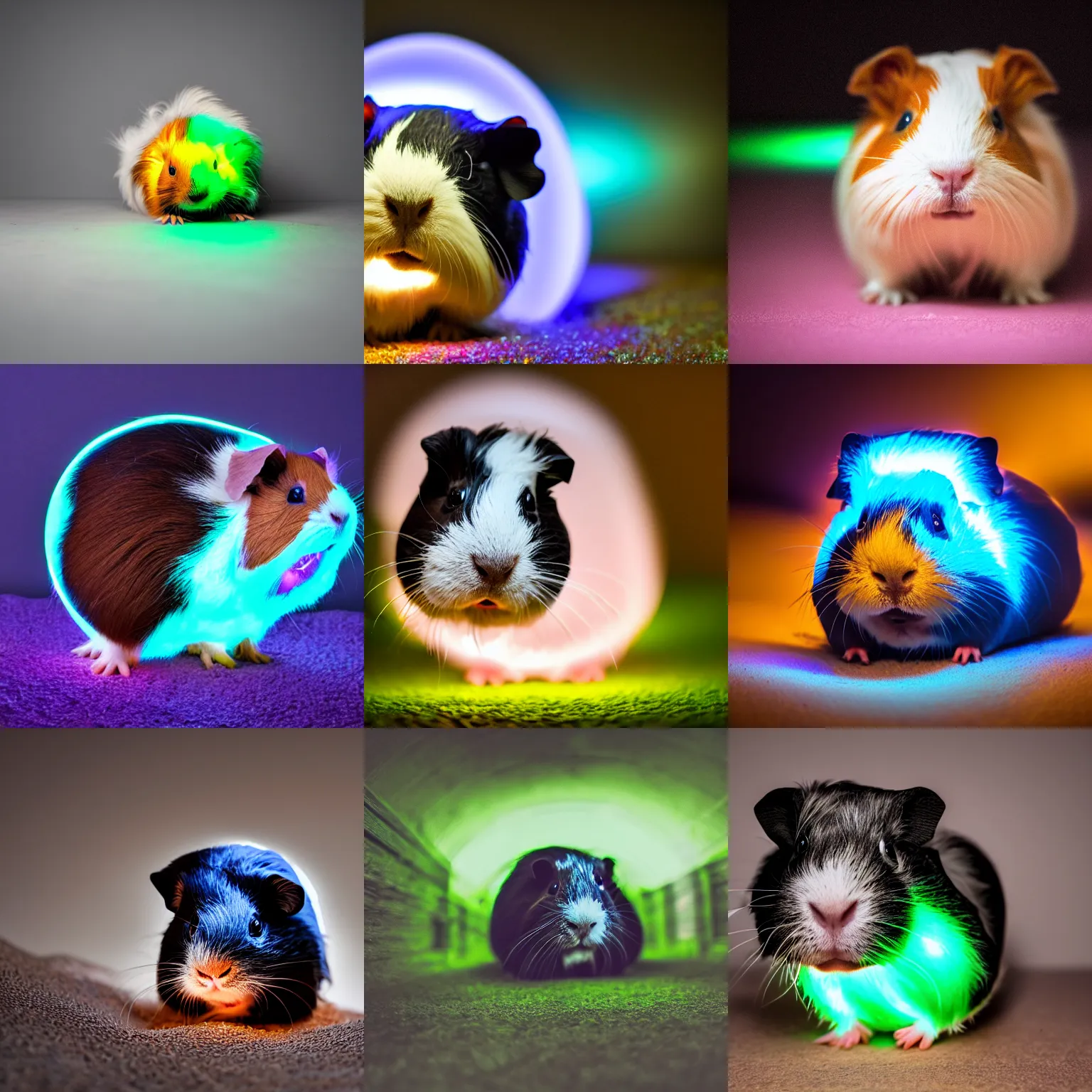 Prompt: a glowing bioluminescent guinea pig, low light, low angle, high quality pet photography, f / 4