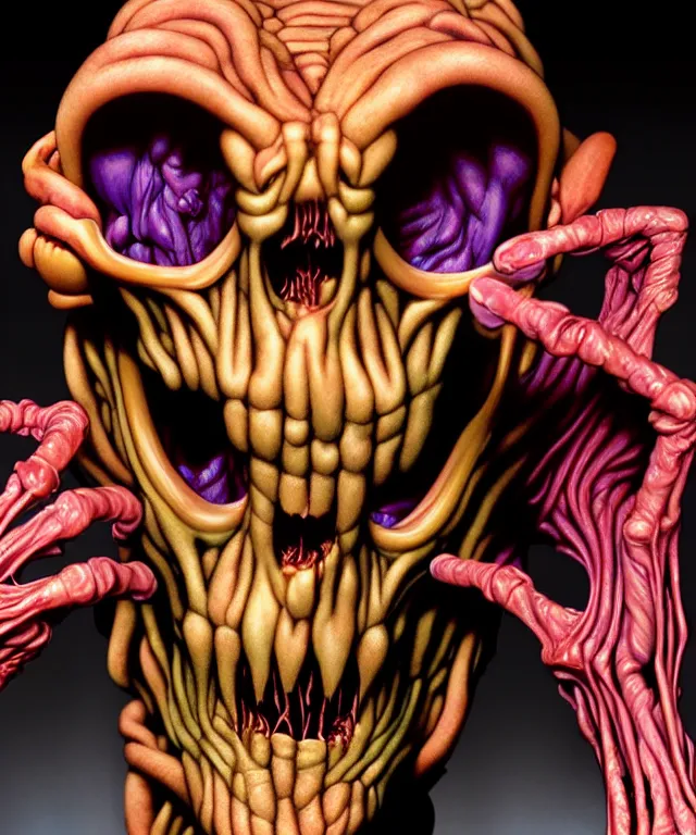 Image similar to hyperrealistic rendering, cronenberg flesh monster skeletor by art of skinner and richard corben and jeff easley, product photography, action figure, sofubi, studio lighting, colored gels